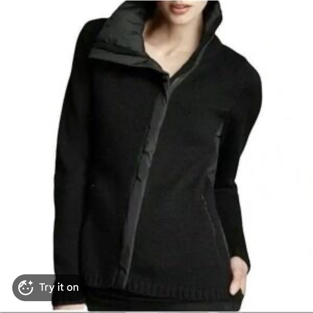 EILEEN FISHER Jacket Merino Wool Sweater Knit Parka Asymmetric Zip Black Sz S